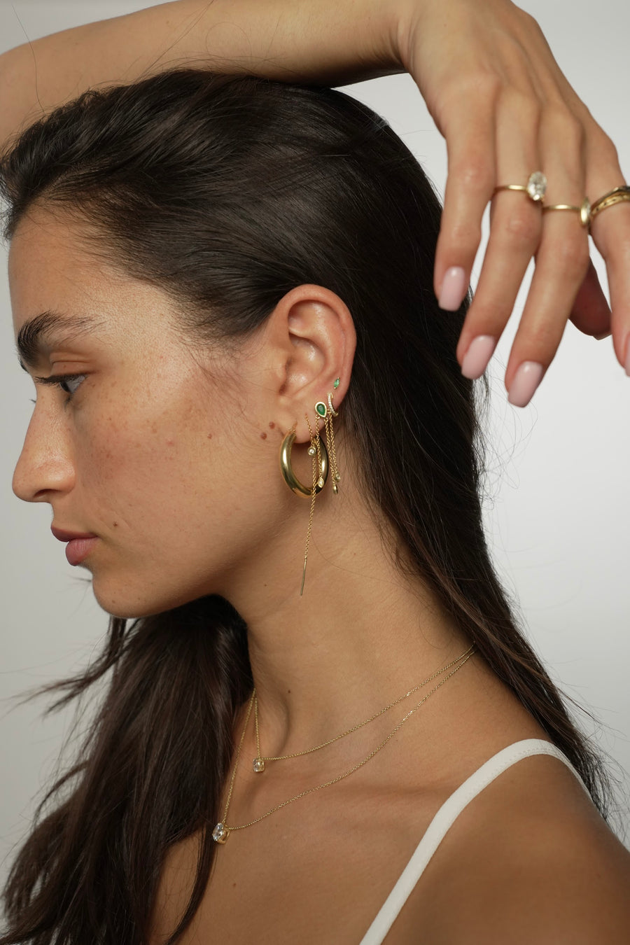 FLOR WHITE DIAMOND EARRING + MEDIUM GYPSY EARRINGS, Styled