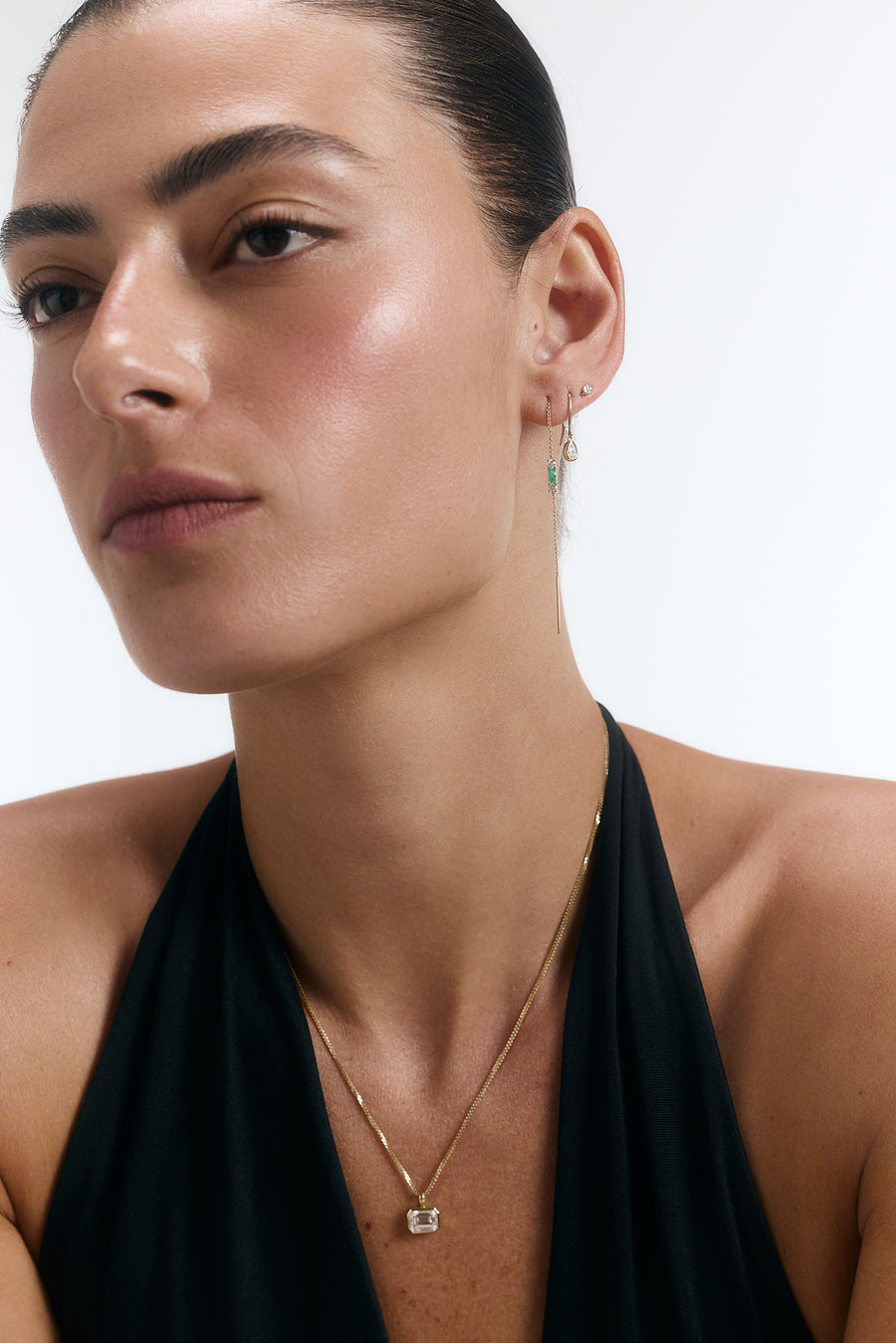 GOLDEN DROP EARRING + EMERALD BEZEL NECKLACE, Styled
