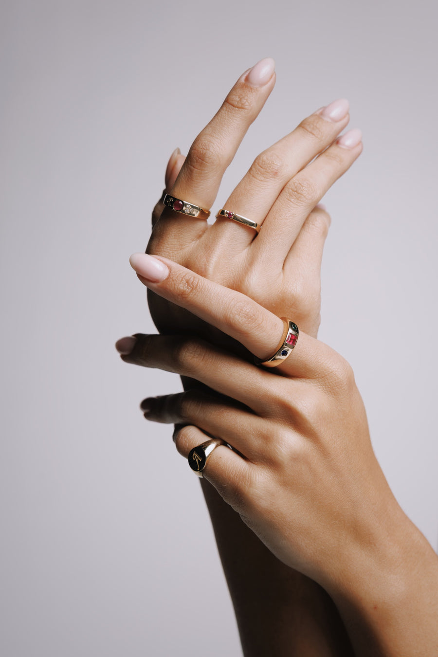 ARC RING + CLAIRE RUBY RING + SMALL SIGNET RING and more, Styled