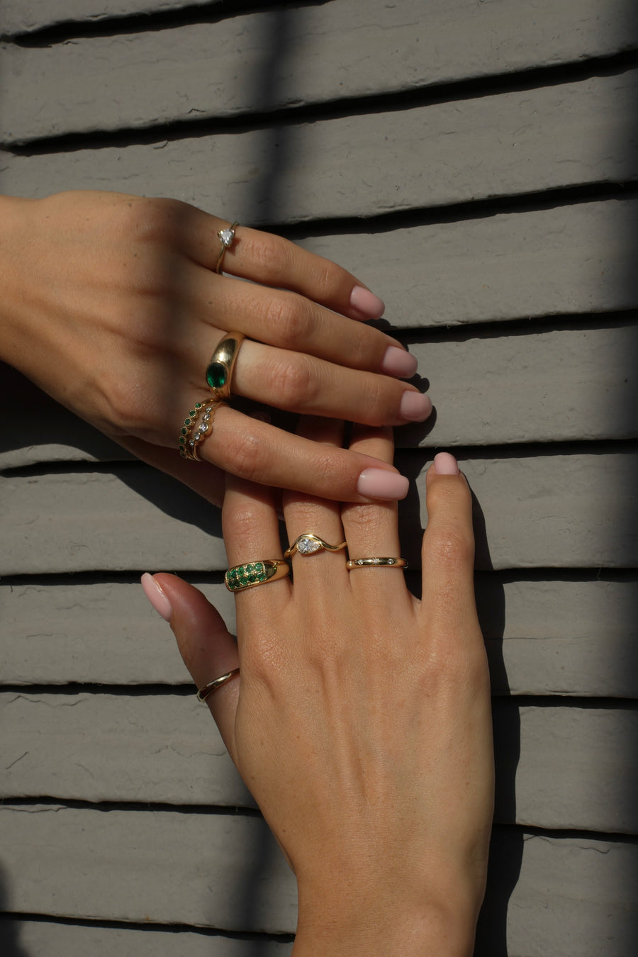 ANNA EMERALD RING + EVELYN RING, Styled